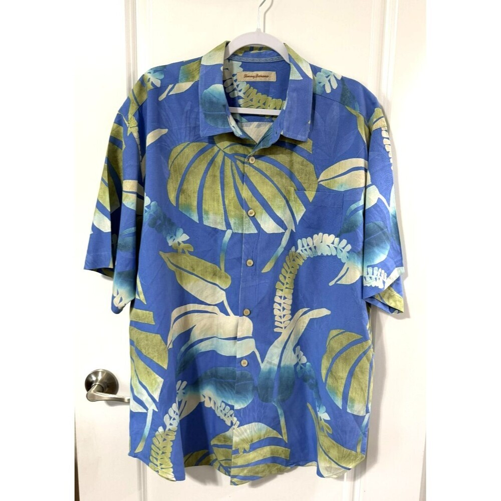 Tommy Bahama mens XL blue green floral 100% silk Hawaiian shirt